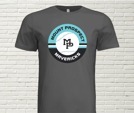 Gray t-shirt with centered 'Mount Prospect Mavericks' logo 